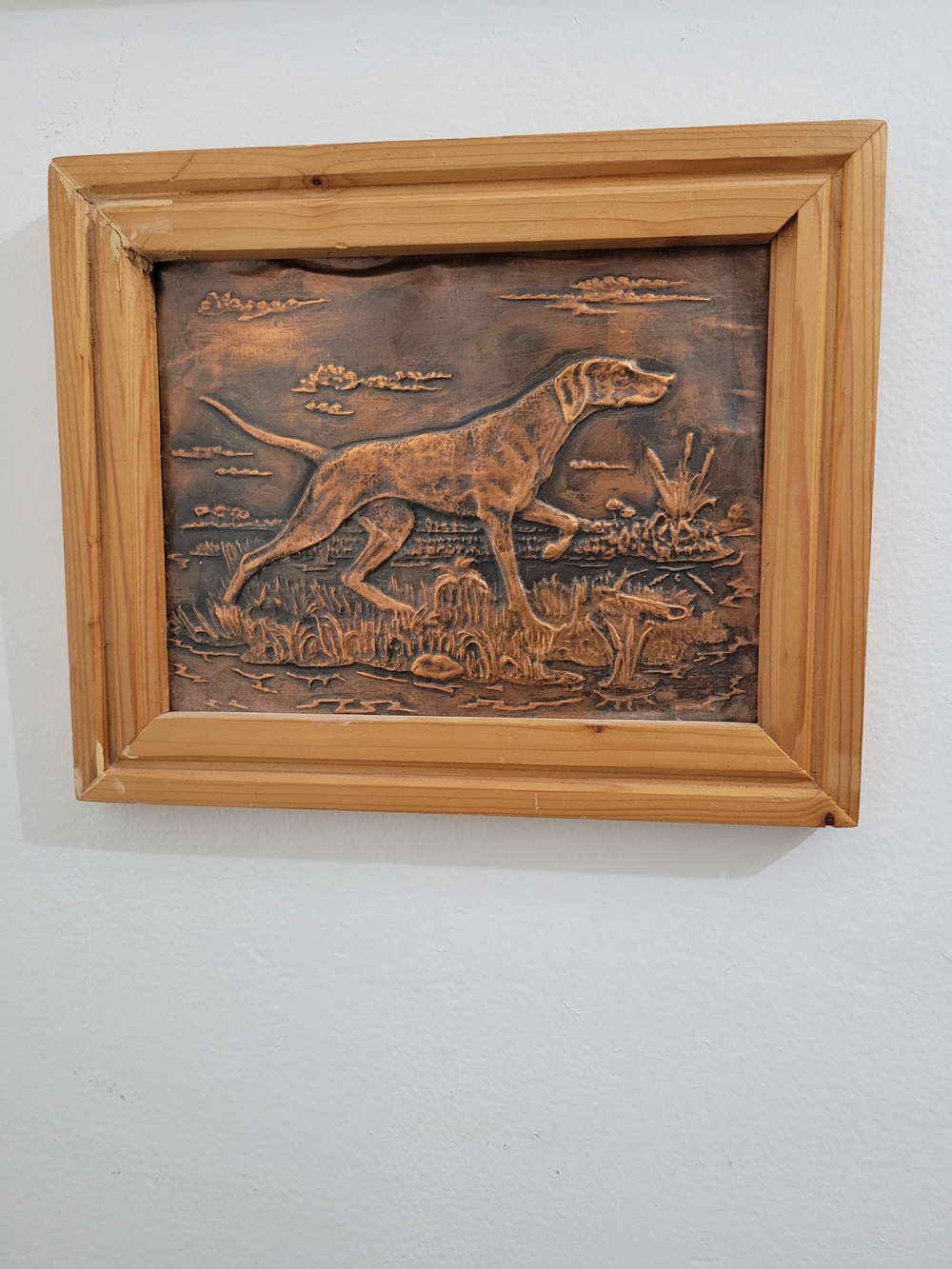 Vintage Dog Relief Wall Art | Metal Plaque Wood Frame | 10x9 Hunting Dog